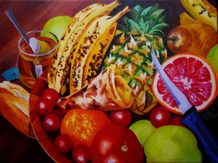 still life painting,Le petit déjeuner idéal de Laura Delage (2022), painting of banana, apples, wine ,