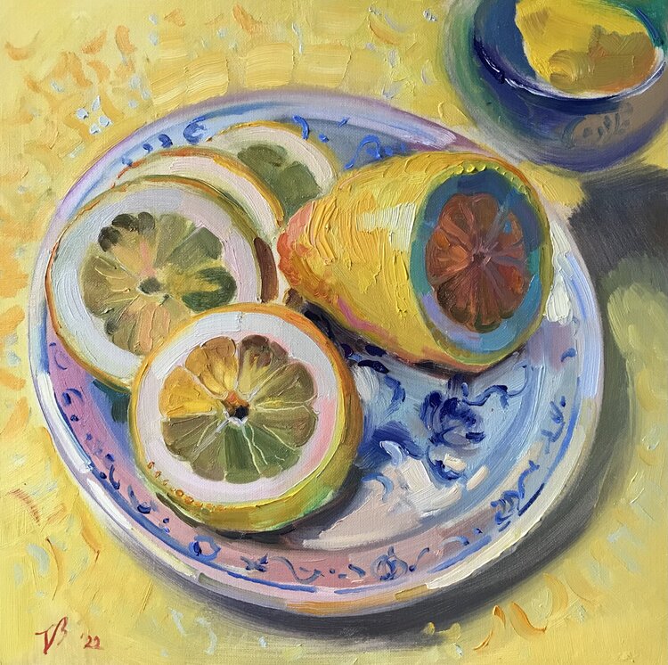 still life painting,oil painting, yellow lemon on a plate; Zitrone by Katharina Valeeva (2022)