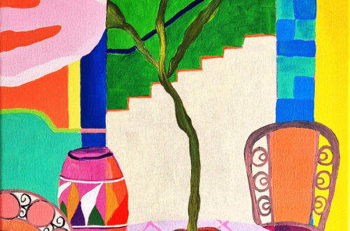 still life painting of vase chair table